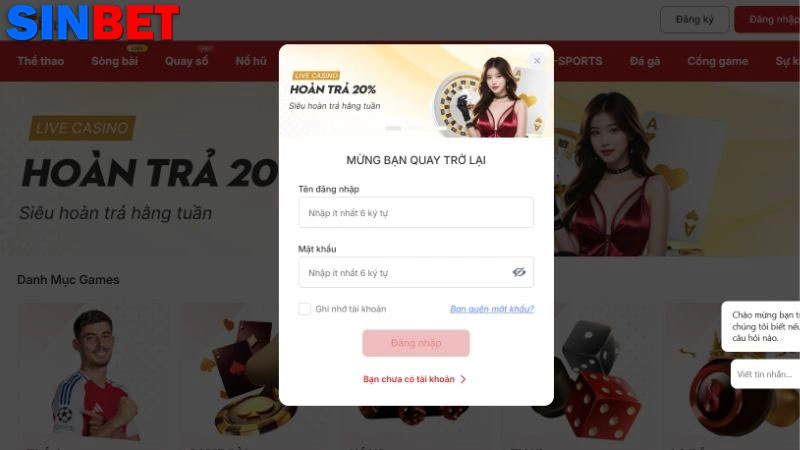 Hội viên cung cấp thông tin đăng nhập Sinbet