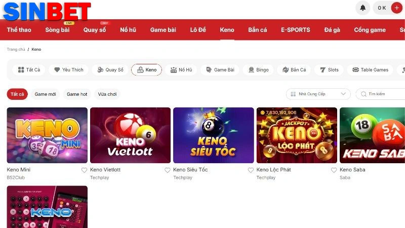 Giới thiệu tổng quan về sảnh Keno Sinbet