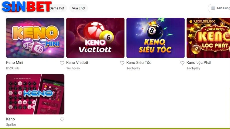 Các sản phẩm Keno Sinbet hiện nay