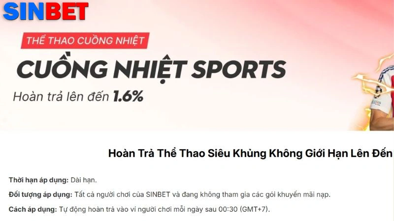 Thưởng hoàn trả thể thao lên đến 1.6% không giới hạn