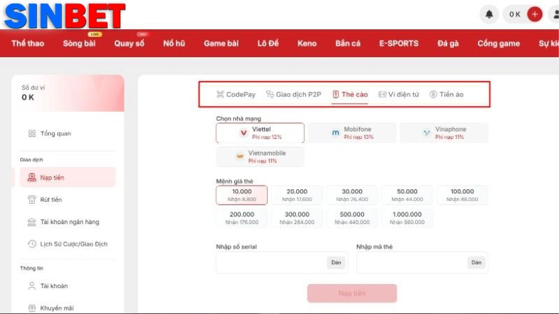 Nền tảng cung cấp nhiều phương thức nạp tiền an toàn